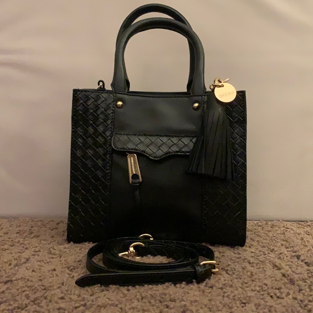 Rebecca Minkoff Black Woven Leather Crossbody Tote with Tassel
